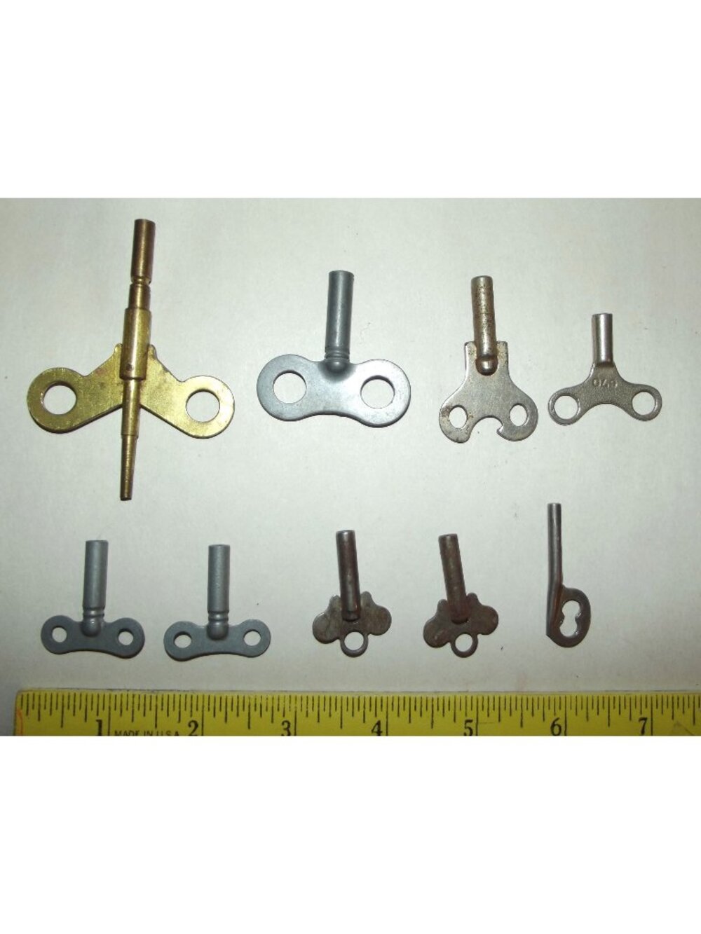 Wing Crank Keys (lot of 9) vtg antique double end brass clock winding Taylor 670